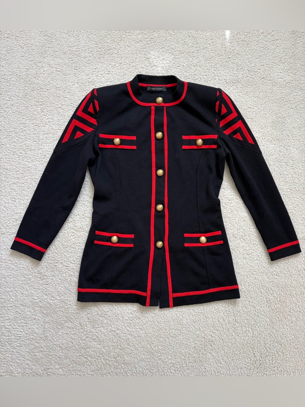 Louis Feraud military inspired blazer gold tone buttons red trim preppy sz 4